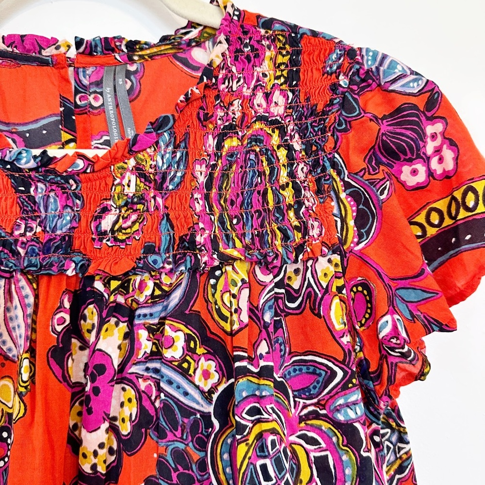 Anthropologie Sweet Dreams Red Smocked Floral Babydoll Top XS - Picture 3 of 4